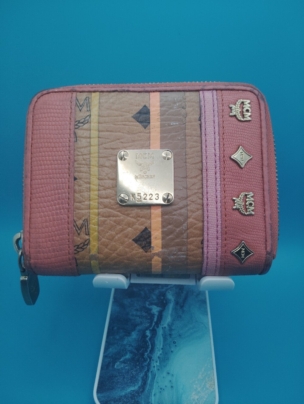 MCM Pink Leather Zip Wallet with Logo Plaque
